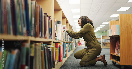 Librarian, woman and books with trolley in library for stock packing, novel arrangement and organize material. Professional, employee and check bookshelf for inventory management or sorting storybook