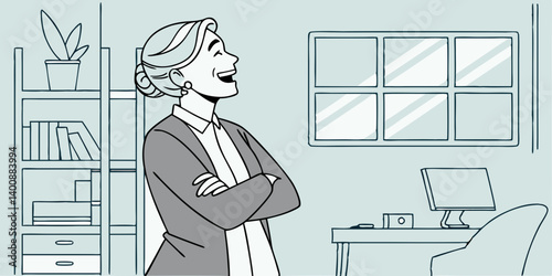 Happy laughing mature elder 60s business woman standing indoors. Senior mid age older stylish look woman portrait with crossed arms looking at camera at modern home office