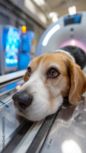 Beagle resting patiently on the table of an advanced MRI or CT scanner inside a veterinary facility
