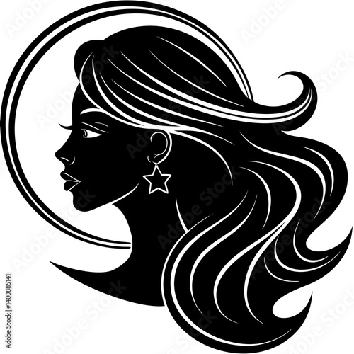a black silhouette of a woman's side profile with long, flowing hair extending to the right 
