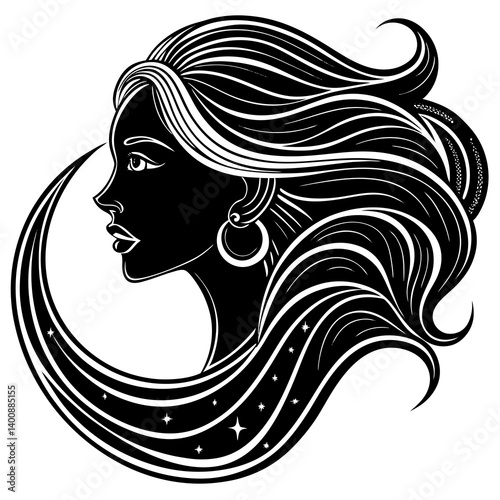 a black silhouette of a woman's side profile with long, flowing hair extending to the right 
