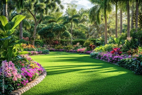 Wallpaper Mural Lush garden with manicured lawn and vibrant flower beds under tropical palm trees on a sunny day Torontodigital.ca