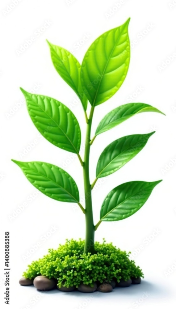 Naklejka premium Leafy green plant isolated on white background with some moss, greenery, nature