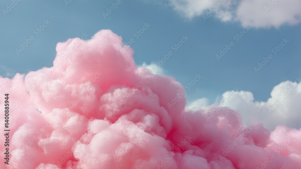 Fototapeta premium A fluffy pink cloud against a blue sky creates a dreamy, atmospheric scene.