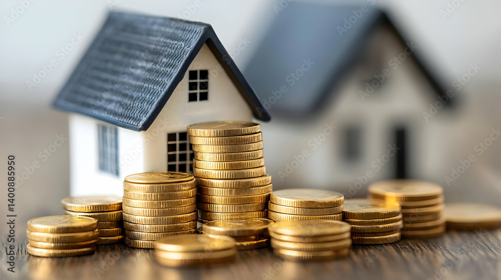 Stacks of Golden Coins and Model Houses Against Wooden Background Representing Real Estate Investment and Financial Growth