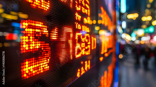 Obraz na płótnie Stock Market Display Showing Financial Data in Urban City at Night with Bokeh Lights And Blurred Background w salonie