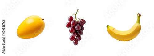 Set with mango, grape, banana, fresh ripe fruits collection isolated on transparent background