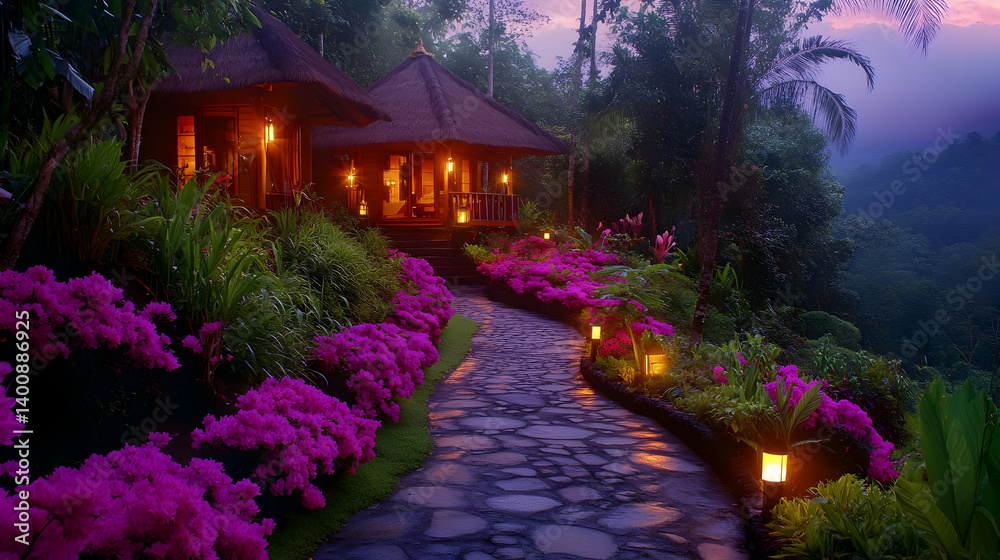 Stone Path Leading To Villas Surrounded By Lush Tropical Gardens and Purple Flowers at Night With Dramatic Lighting
