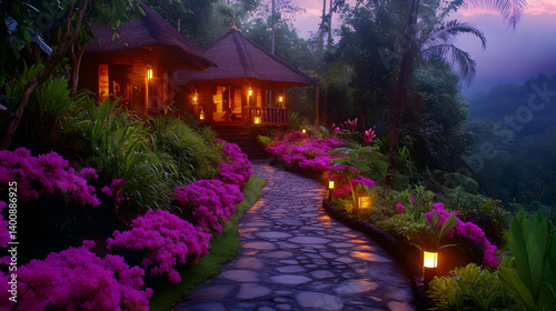 Obraz na płótnie Stone Path Leading To Villas Surrounded By Lush Tropical Gardens and Purple Flowers at Night With Dramatic Lighting w salonie