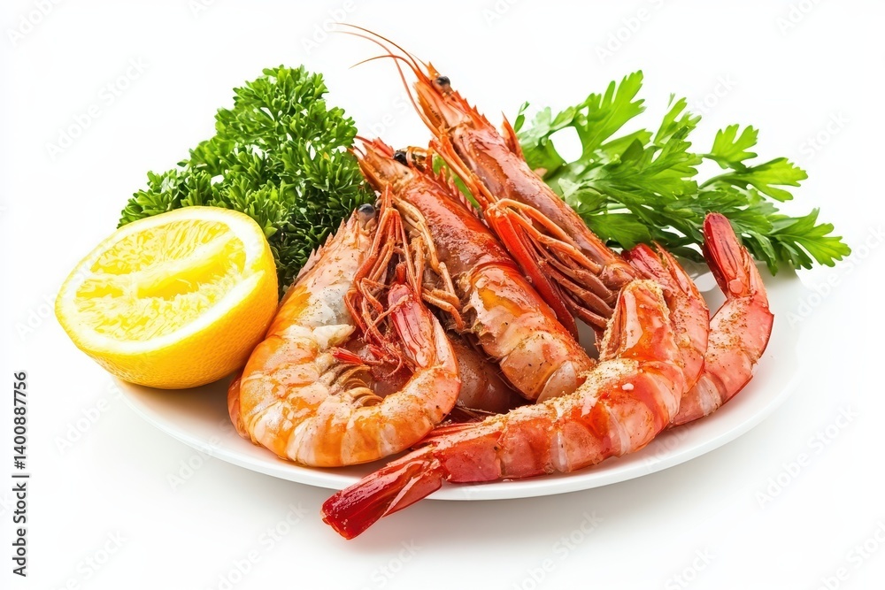Cooked shrimp on a plate with lemon and parsley Cooked shrimp on a plate with lemon and parsley