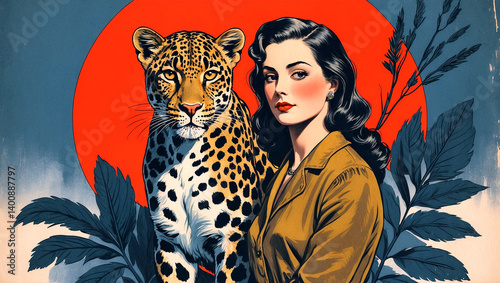 Vintage illustration of woman and leopard under red sun