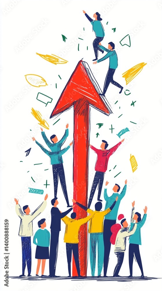 A diverse group of people collaborates to climb a towering red arrow, symbolizing growth and teamwork in a creative, vibrant illustration with dynamic lines. A diverse group of people collaborates to climb a towering red arrow, symbolizing growth and teamwork in a creative, vibrant illustration with dynamic lines.