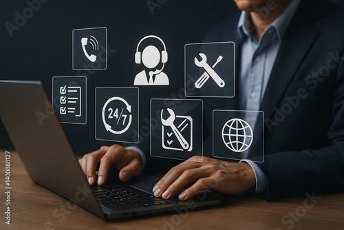 Businessman Engaging with 24/7 Technical Support Icons on Laptop. A suited professional types on a laptop, surrounded by glowing virtual icons, representing round-the-clock tech support