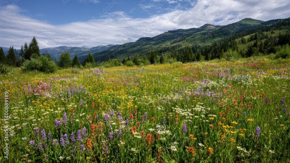 Fototapeta premium A vibrant meadow of wildflowers in a serene mountain landscape.