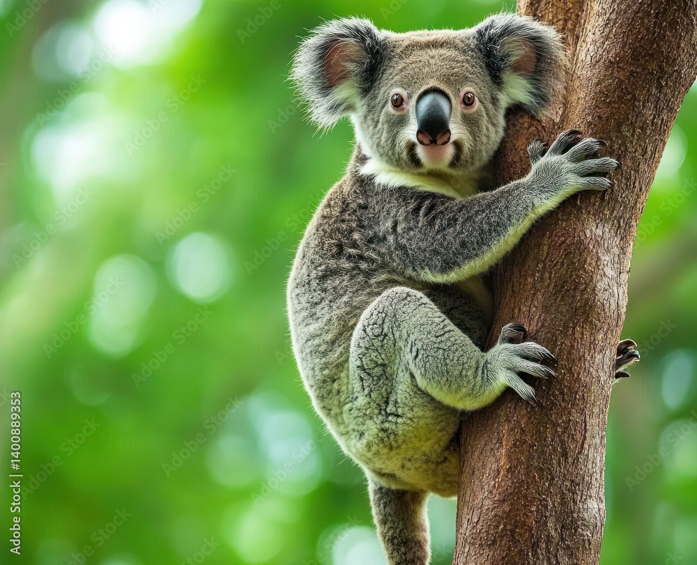Fototapeta premium Koala climbing a tree trunk surrounded by green foliage in a natural setting.