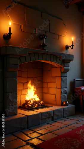 Medieval inglenook fireplace with cooking arm and beeswax candles. Shared trencher and spiced wine create historical romantic fantasy.