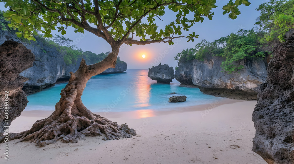 Sunlit Coastal Scene with Turquoise Water White Sand and Green Foliage Under a Partly Cloudy Sky During Dusk with a Defect in View