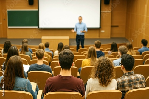 Students attentively listening to a lecturer in a modern university lecture theater, fostering an engaging learning environment  back to school learning at conference training seminar meeting