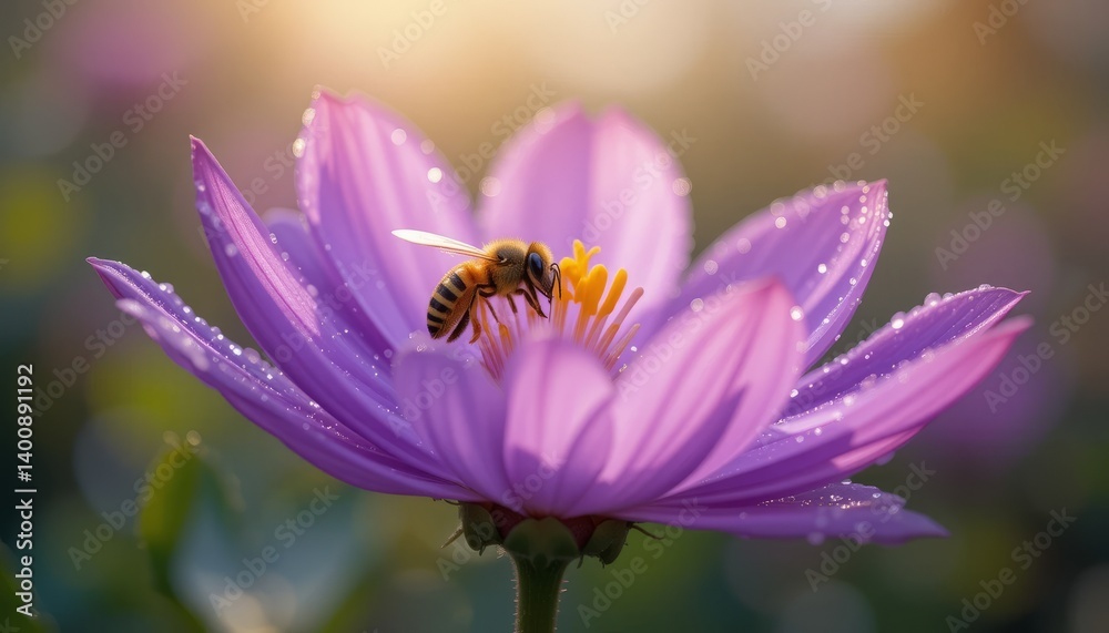 Bee and flower. Close up of a large striped bee collecting pollen on a yellow flower on a Sunny bright day. Banner, on the left is an empty space for the text. Summer and spring backgrounds Bee and flower. Close up of a large striped bee collecting pollen on a yellow flower on a Sunny bright day. Banner, on the left is an empty space for the text. Summer and spring backgrounds