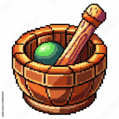 Vintage Pixel Art Wooden Mortar and Pestle with Green Herb