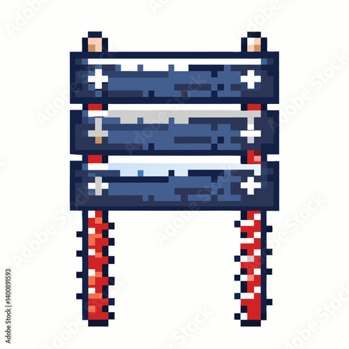 Pixel Art Wooden Sign with Blue Boards and Red White Striped Legs