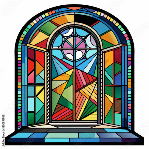 Vibrant stained glass window with geometric patterns and colorful abstract design in modern architecture