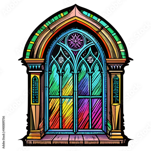 Vibrant stained glass medieval style arched window, colorful gothic art, intricate design, architectural illustration