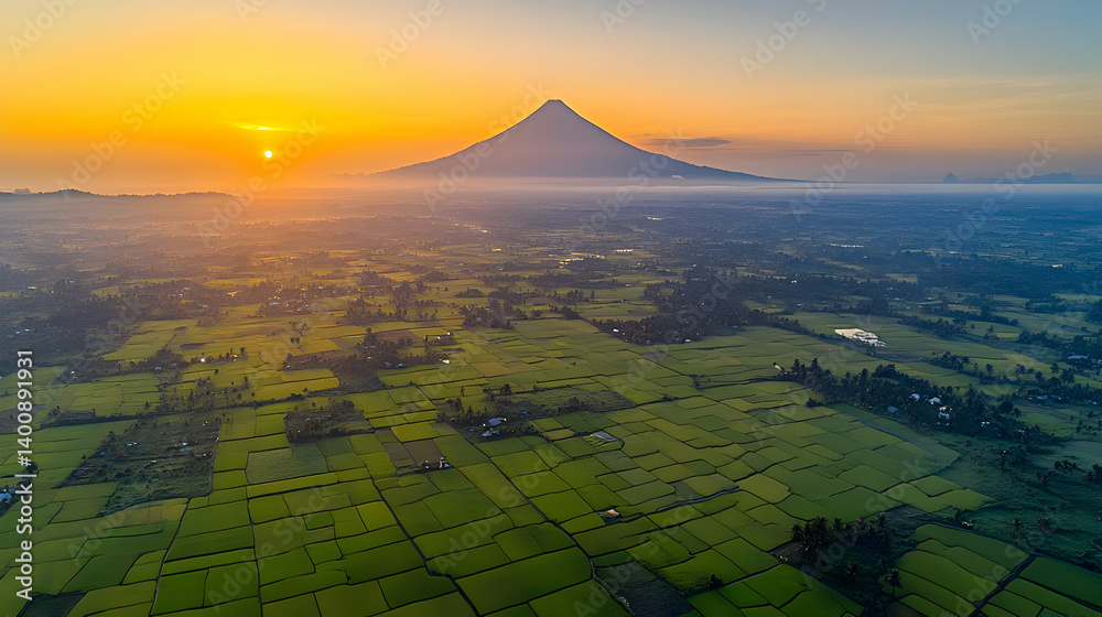 Sunrise Over Green Agricultural Fields with Distorted Distant Mountain Silhouette and Sky in an Undefined Location