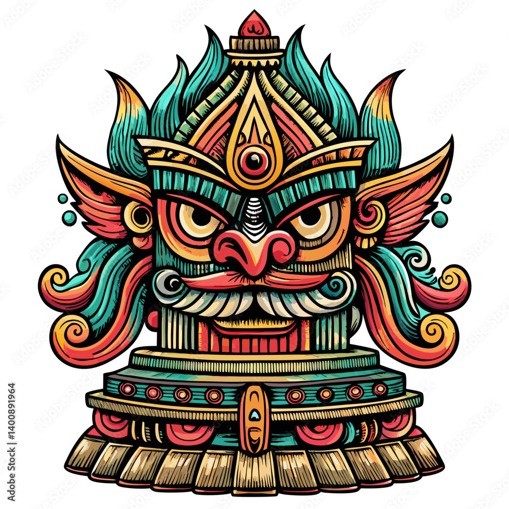 Naklejka premium Colorful Traditional Balinese Barong Mask Illustration for Cultural Art Projects