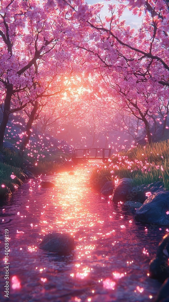 Fototapeta premium Enchanted Cherry Blossom Stream at Sunset with a Romantic Atmosphere