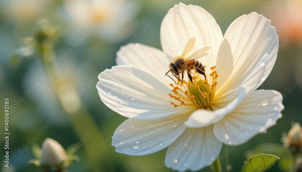 Obraz premium Bee and flower. Close up of a large striped bee collecting pollen on a yellow flower on a Sunny bright day. Banner, on the left is an empty space for the text. Summer and spring backgrounds