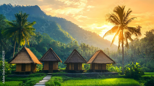 Obraz na płótnie Sunrise Over Four Thatched Roof Huts in a Lush Green Landscape with Tropical Trees and Golden Sky w salonie