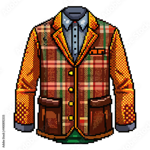 Retro Pixel Art Plaid Jacket with Vintage Color Palette and Stylish Details