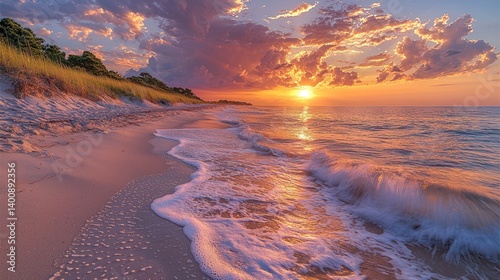 Breathtaking sunrise paints the beach with pastel hues, evoking serene beauty