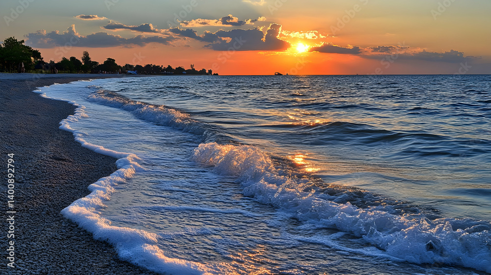 Sunset Over the Pebble Beach with Golden Light Reflected on Water Surface Creating a Serene Scene with an Azure Sky and Clear Horizon in Vacation