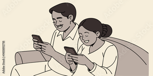 Happy young indian family couple using smart phone looking at cellphone sit on sofa together relaxing at home. Smiling husband and wife checking social media apps or shopping in mobile application