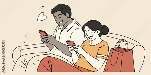 Happy young indian family couple using smart phone looking at cellphone sit on sofa together relaxing at home. Smiling husband and wife checking social media apps or shopping in mobile application