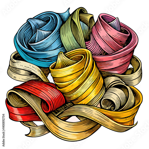 Colorful Rolled Fettuccine Pasta Nest Illustrations in Vintage Style