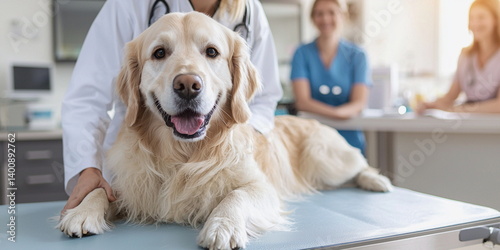 Happy golden retriever at veterinary clinic with caring staff  