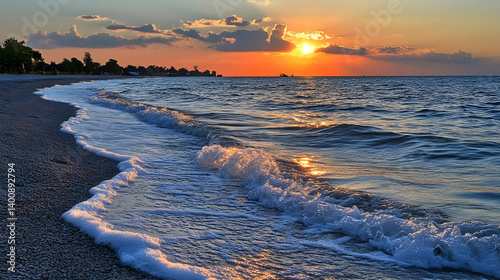 Obraz na płótnie Sunset Over the Pebble Beach with Golden Light Reflected on Water Surface Creating a Serene Scene with an Azure Sky and Clear Horizon in Vacation w salonie