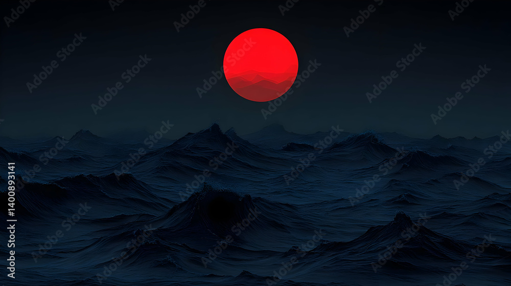 Surreal Landscape with Red Moon Over Dark Jagged Rocks Digital Art Pixelated Surface and Mysterious Atmosphere