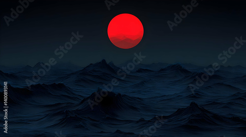 Obraz na płótnie Surreal Landscape with Red Moon Over Dark Jagged Rocks Digital Art Pixelated Surface and Mysterious Atmosphere w salonie