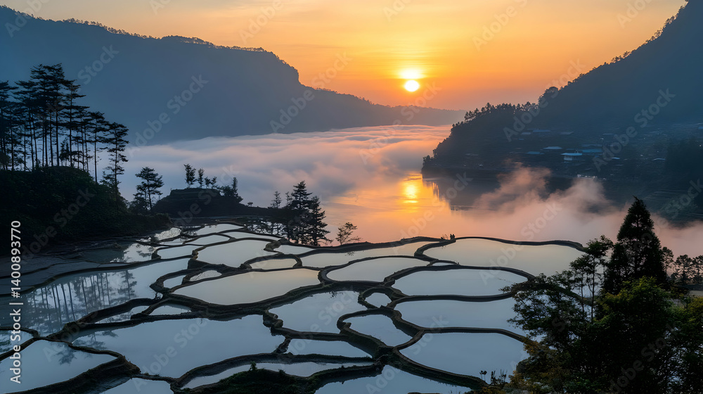 Terraced Rice Fields Reflecting Sunrise Light in a Mountain Valley with Foggy Atmosphere in Asia