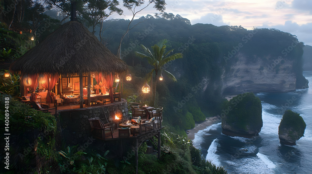 Thatch Roof Hut Restaurant Atop Cliff Overlooking Blue Ocean with Lush Green Vegetation in Bali Indonesia at Sunset