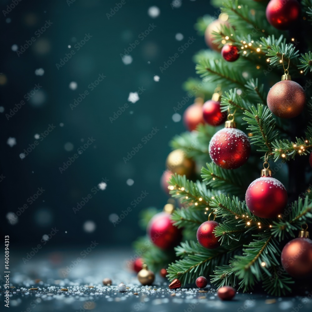 Snowflakes falling on a Christmas tree decorated with ornaments and garlands, ornament, decoration, winter Snowflakes falling on a Christmas tree decorated with ornaments and garlands, ornament, decoration, winter