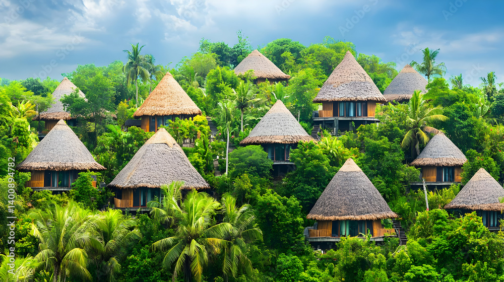 Thatch Roof Bungalows Nestled Among Lush Greenery on a Tropical Hillside Under a Cloudy Sky at Bright Daylight