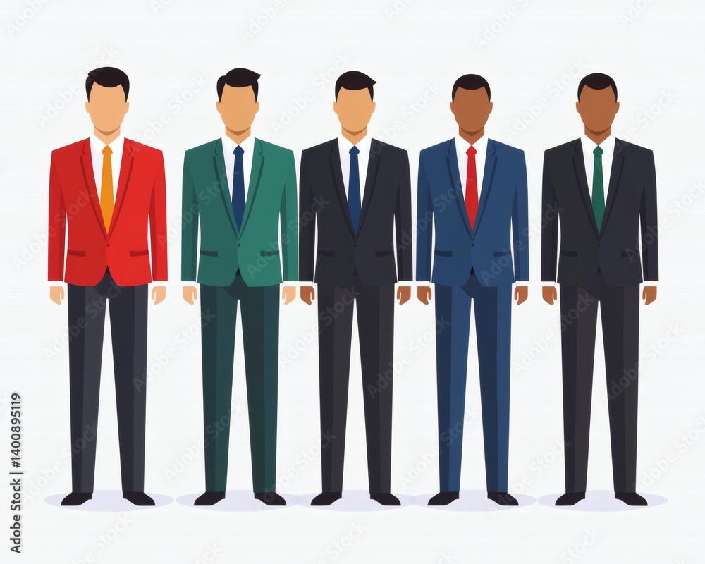 Five stylized men in suits of varying colors stand side by side, showcasing diversity in fashion and professional attire. Five stylized men in suits of varying colors stand side by side, showcasing diversity in fashion and professional attire.