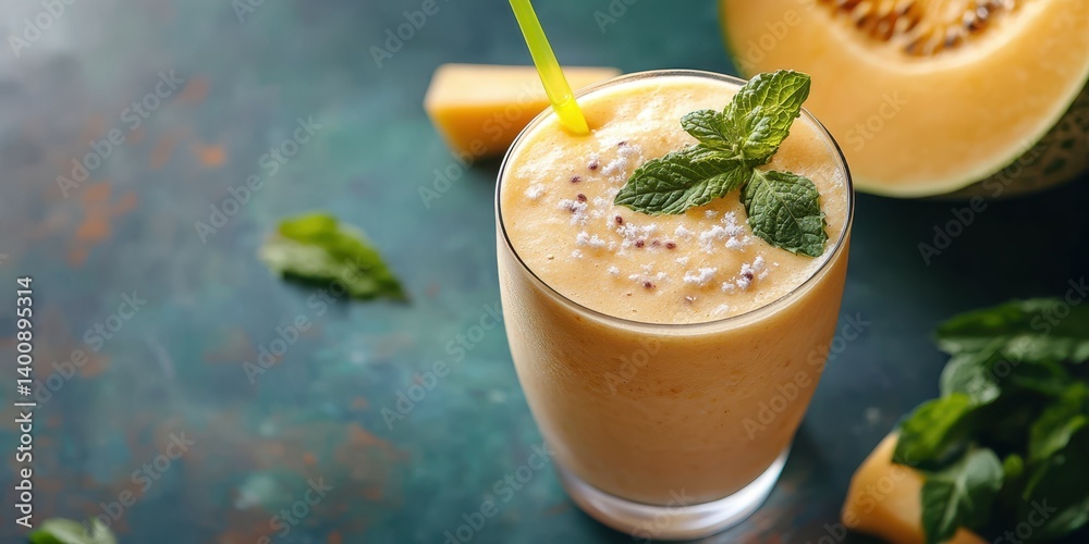 Fresh melon smoothie garnished with mint leaves served in a clear glass on a colorful table Fresh melon smoothie garnished with mint leaves served in a clear glass on a colorful table
