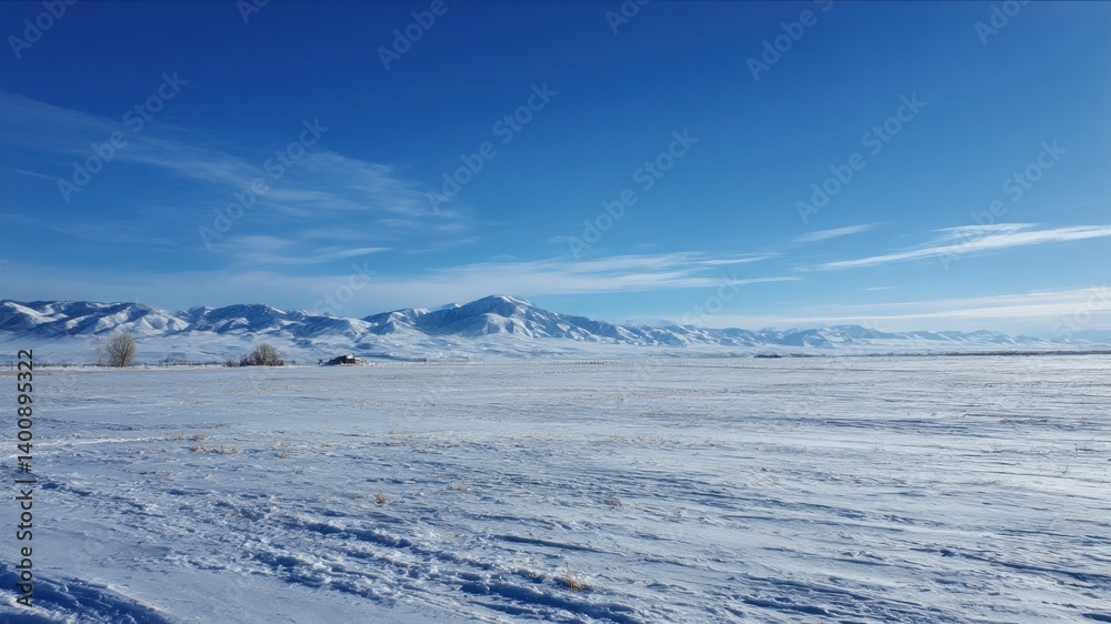 A vast snow-covered field under a bright blue sky with distant mountains. A vast snow-covered field under a bright blue sky with distant mountains.