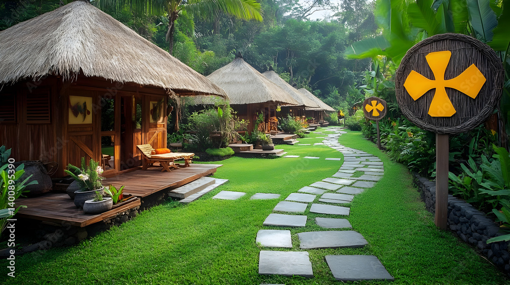 Thatched Bungalows in Lush Green Garden at Resort with Stone Pathway and Abundant Flora in a Tropical Landscape on a Sunny Day